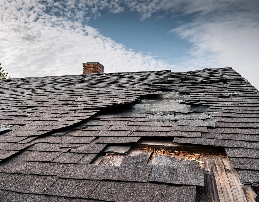 old roof decayed composite roof with asphalt shingles and damage