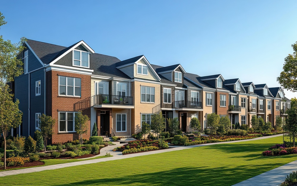 Row of modern townhouses with brick and siding exteriors under clear blue sky surrounded by green lawn and landscaping