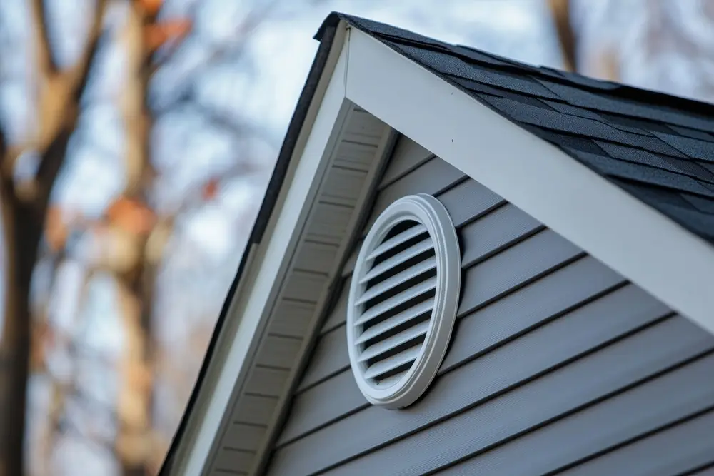 A house exterior showcasing a ventilated gable roof, vinyl siding, and attic vent. the natural setting and detailed design emphasize residential architecture.