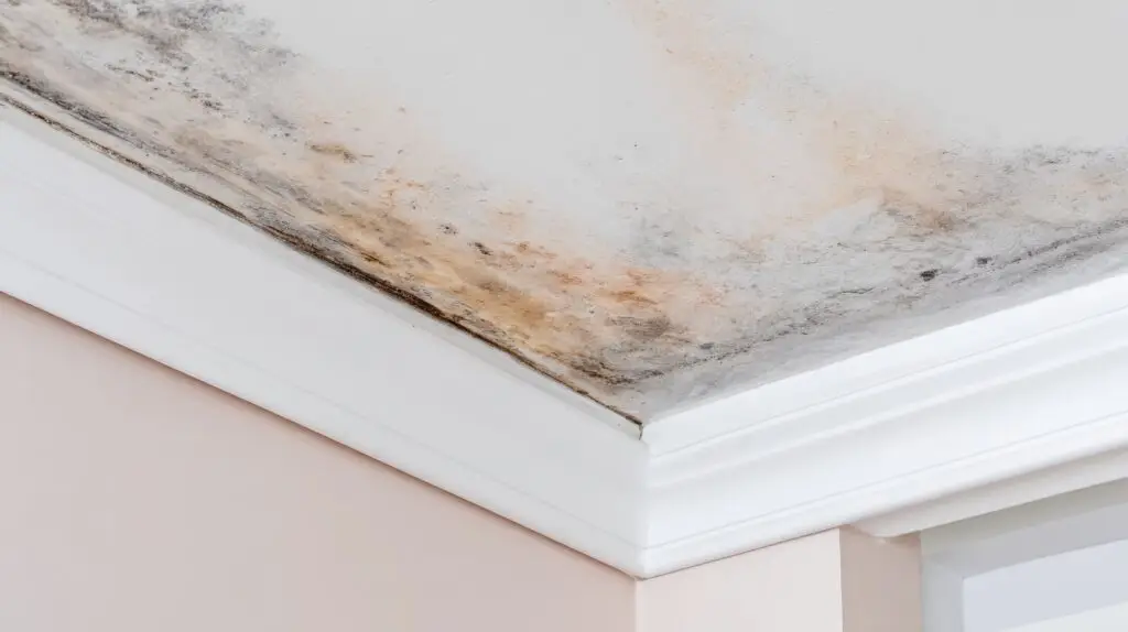 Water-stained ceiling corner with visible moisture damage and mold growth.