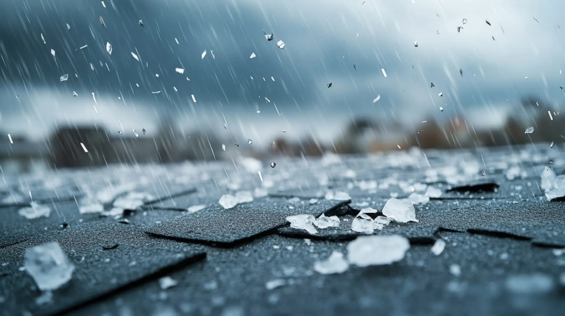 Hailstorm with ice pellets striking roof shingles during severe weather event.