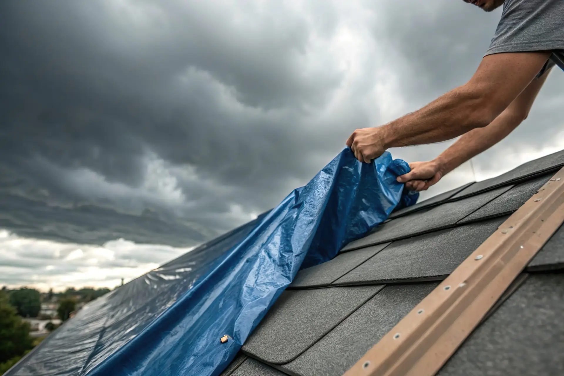 Person cover house roof with tarp.