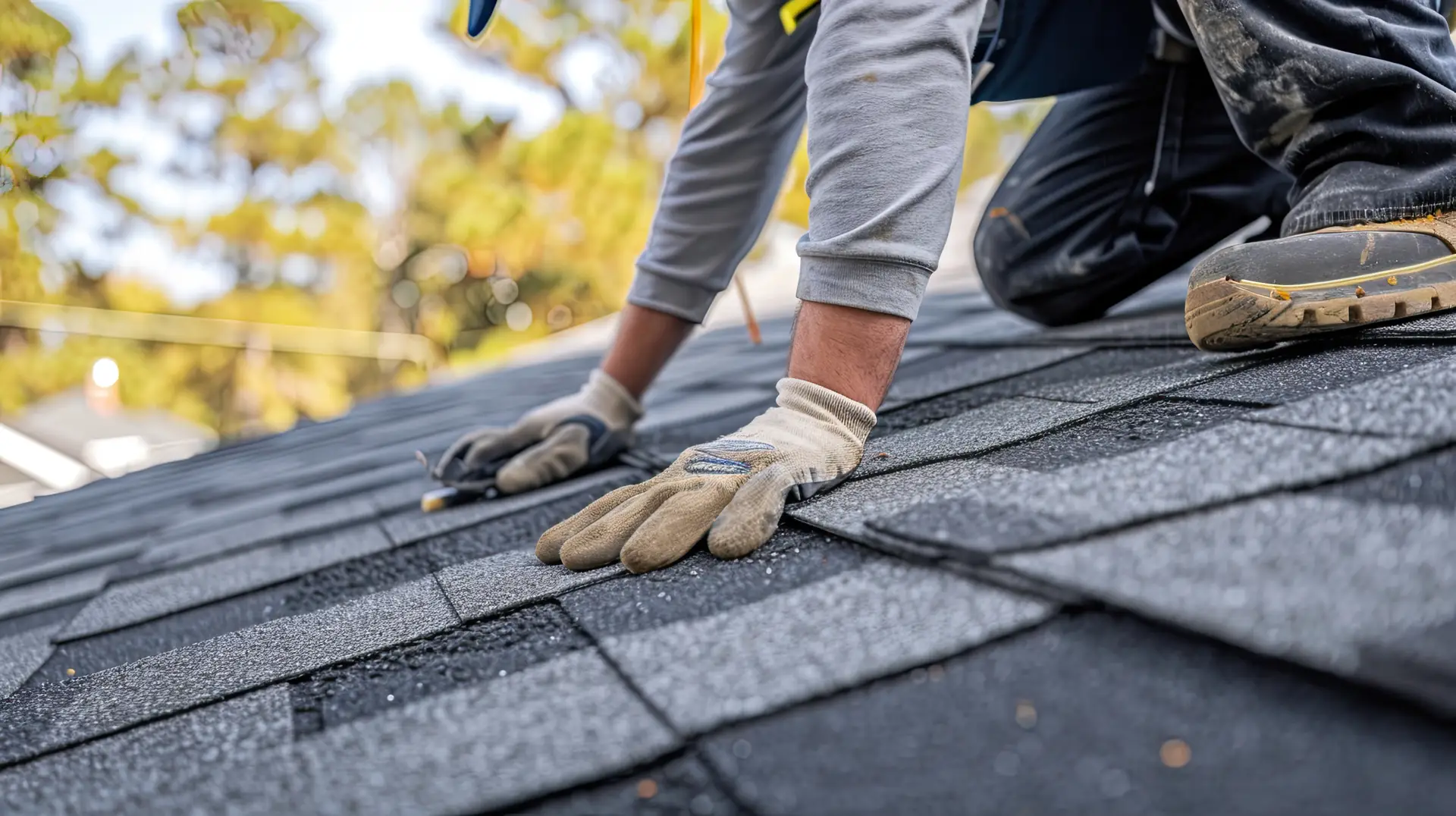 Roofer inspecting and repairing roof.
