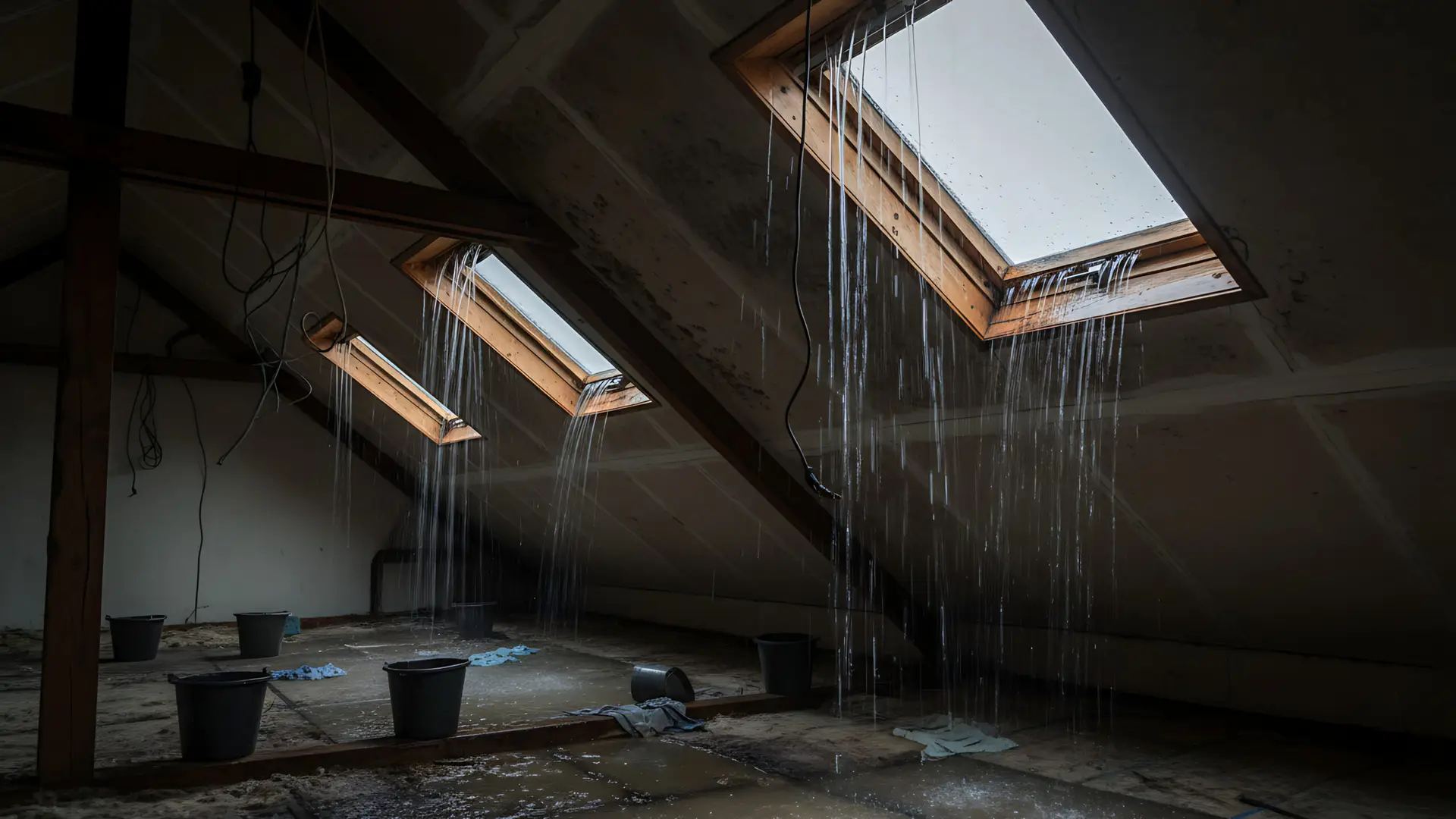 Water leaking from attic roof with visible beams and skylights