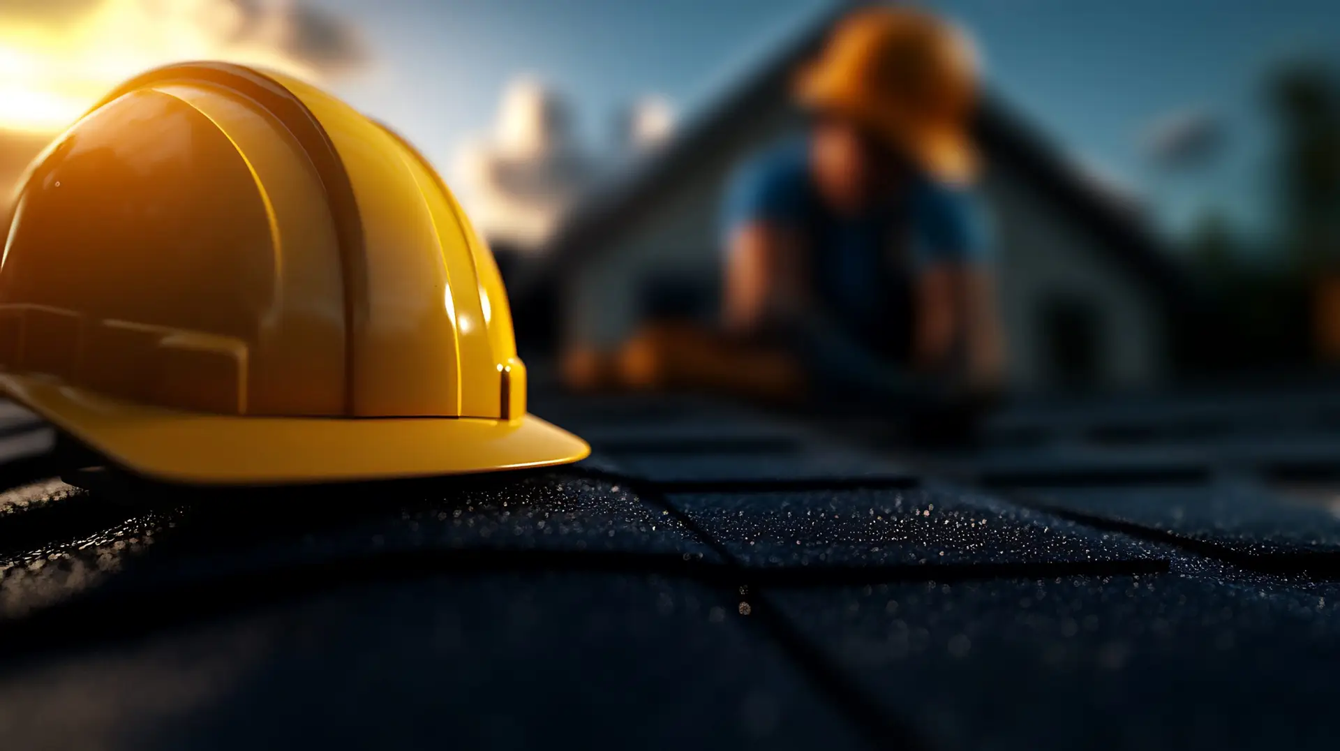Yellow hard hat on a roof with a construction worker in the background.