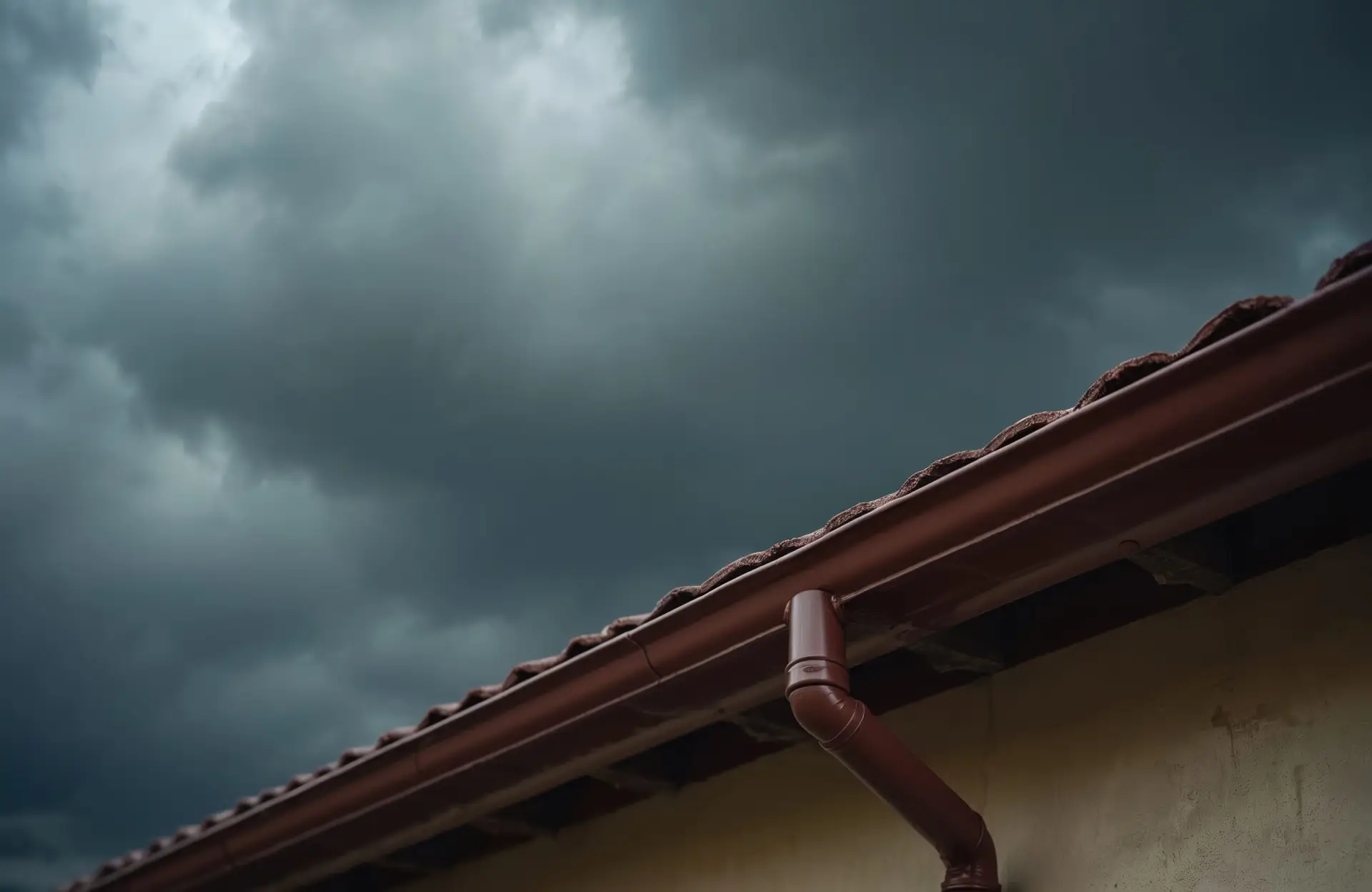 Brown house rain gutter system against darl stormy clouds