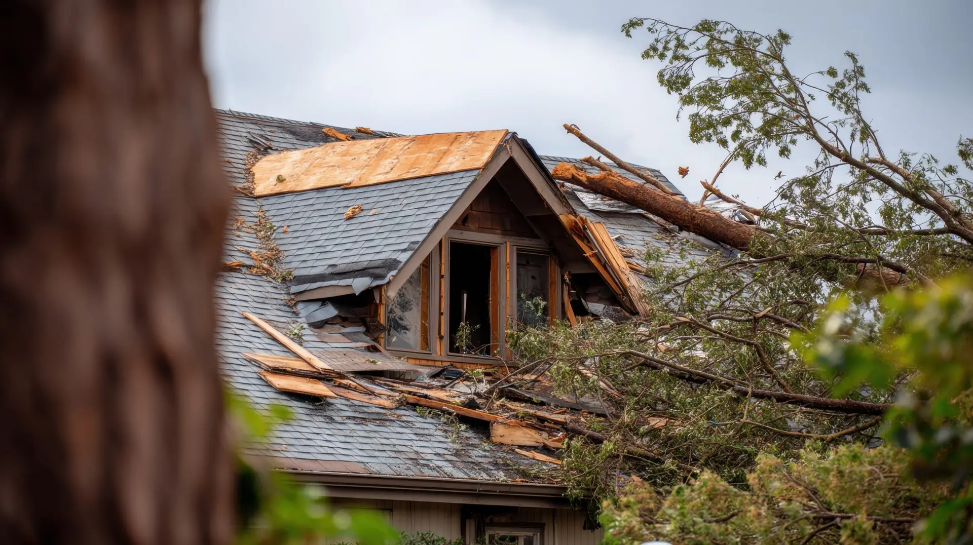 Damaged residential house roof after severe hurricane storm