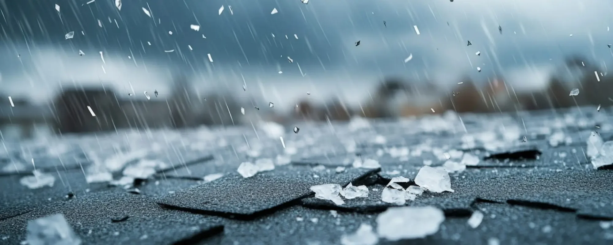 Hailstorm with ice pellets striking roof shingles during severe weather event.