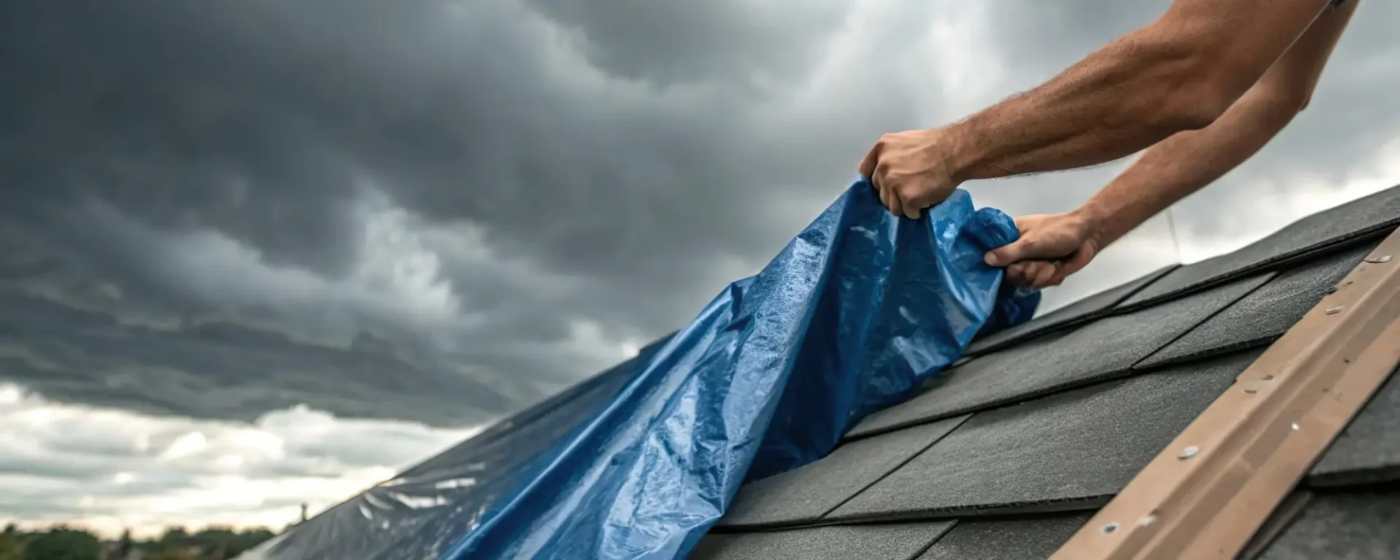 Person cover house roof with tarp.