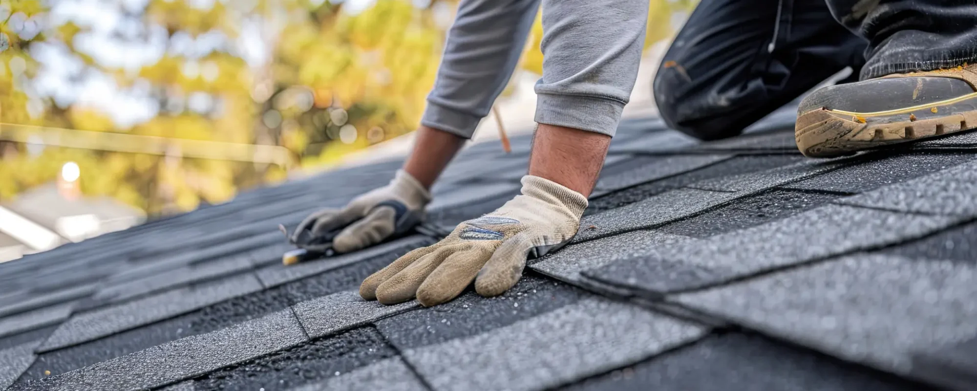 Roofer inspecting and repairing roof.