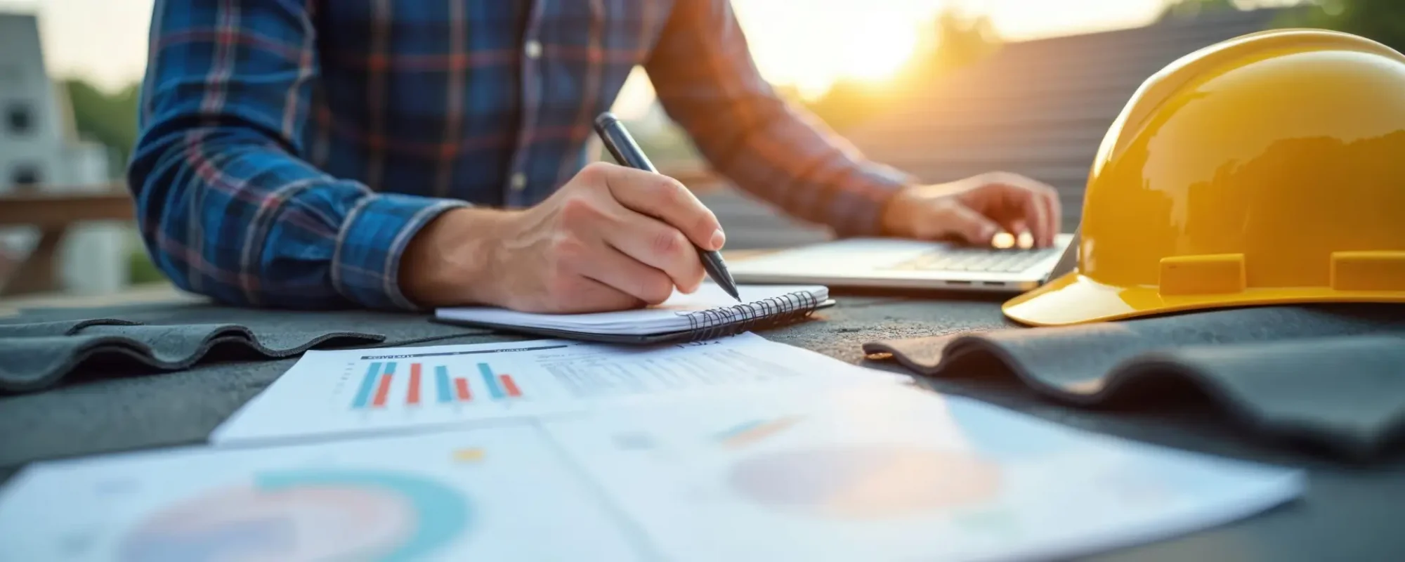 Construction contractor calculates roofing estimate