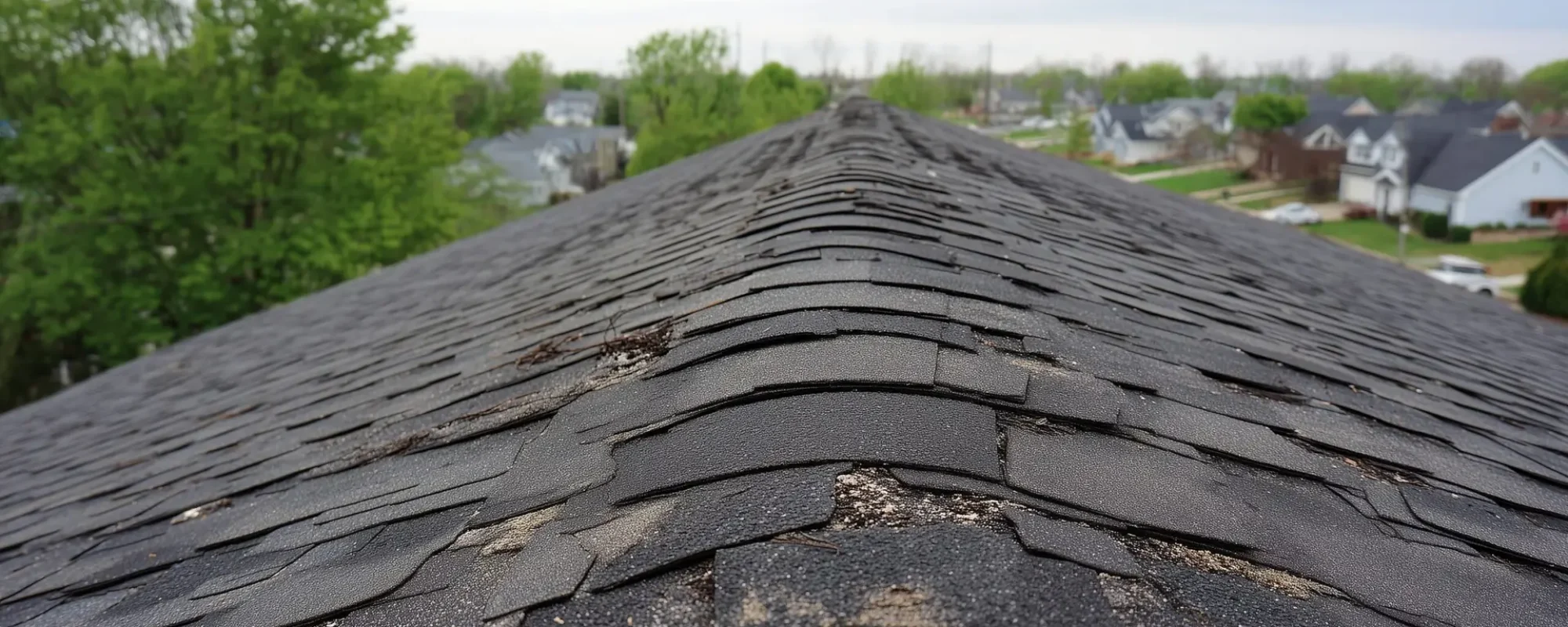 Worn asphalt shingle ridge seen from rooftop perspective.
