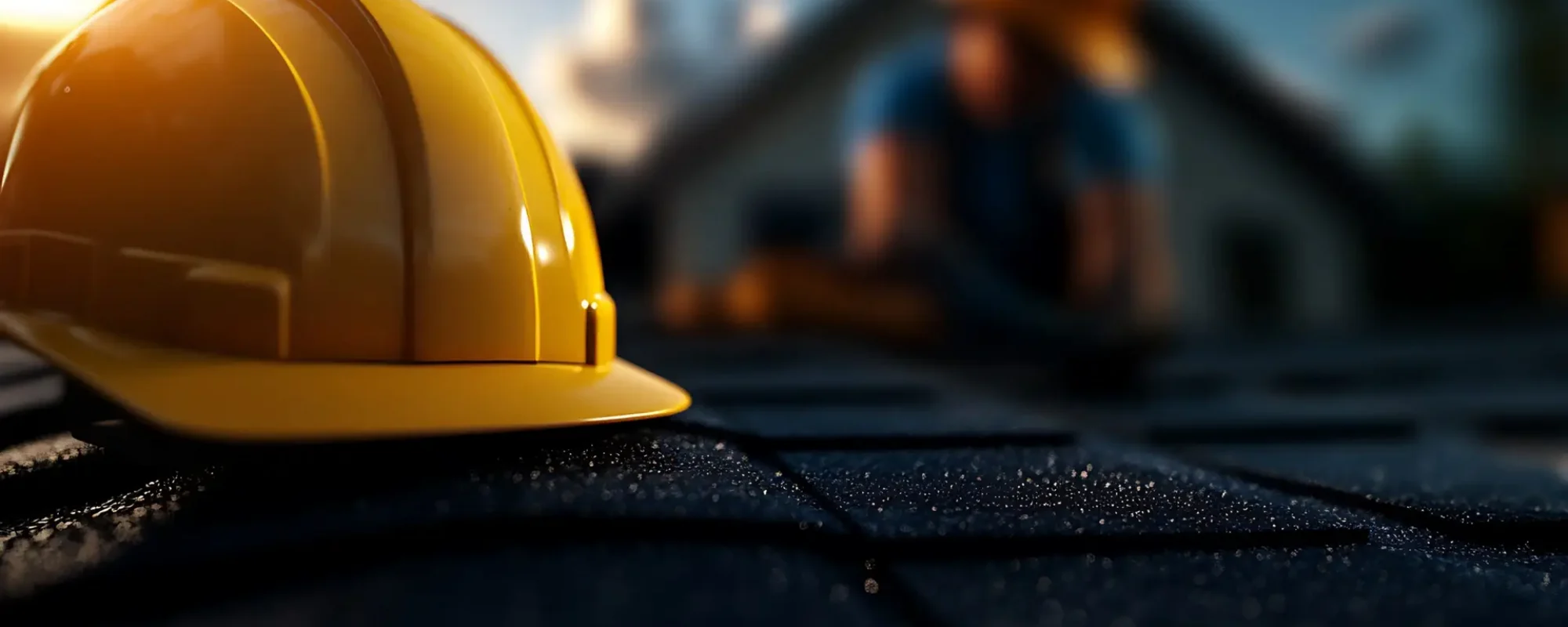 Yellow hard hat on a roof with a construction worker in the background.